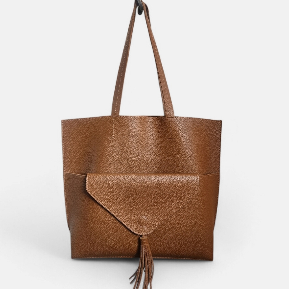 Vegan Pebble Leather Tote Bag Tassel Detail Brown Tan New Without Tags